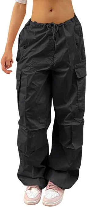 IWEMEK Women Parachute Pants Baggy Cargo Pants with Pockets Drawstring Low Waist Y2K Pants Loose Hip Hop Casual Streetwear