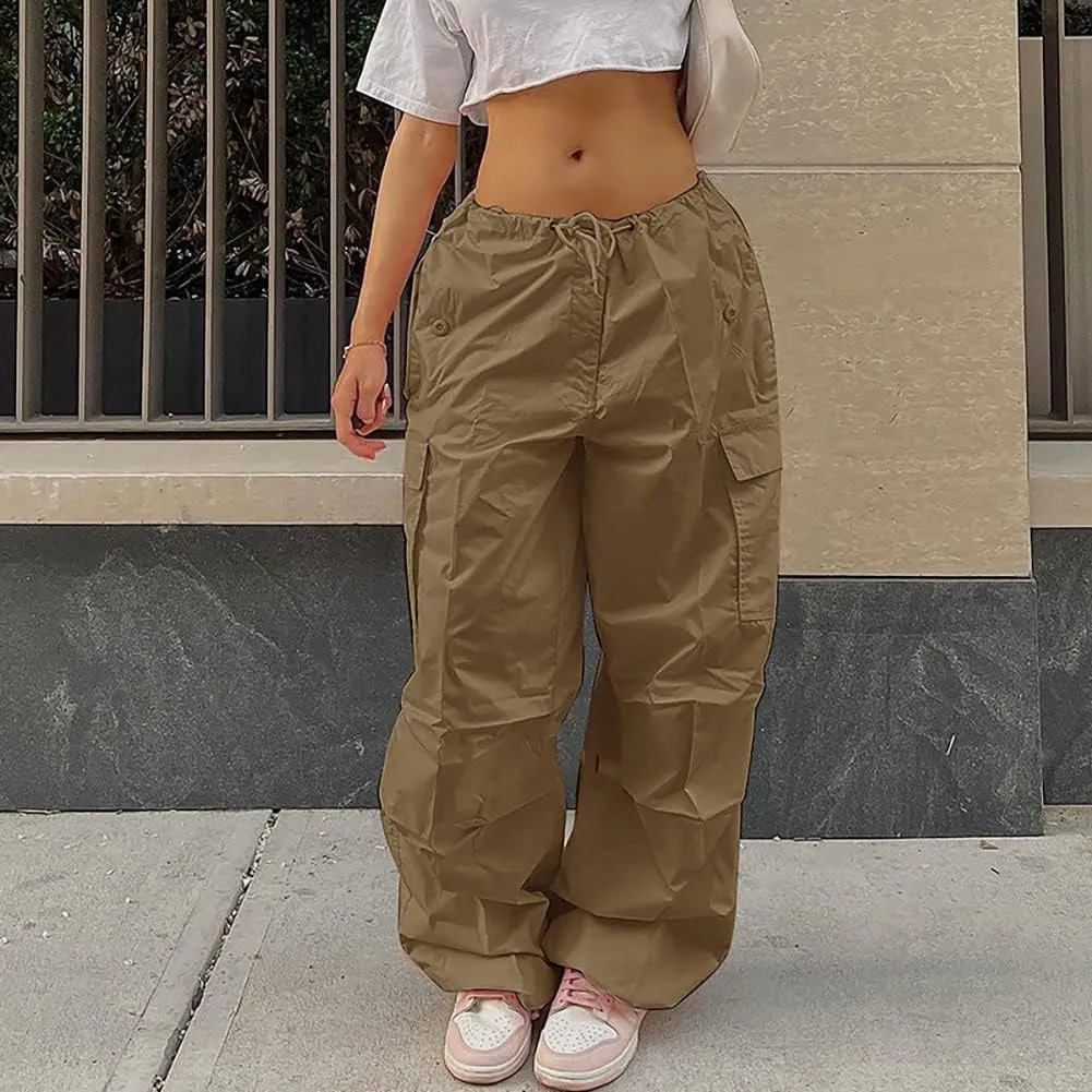 IWEMEK Women Parachute Pants Baggy Cargo Pants with Pockets Drawstring Low Waist Y2K Pants Loose Hip Hop Casual Streetwear