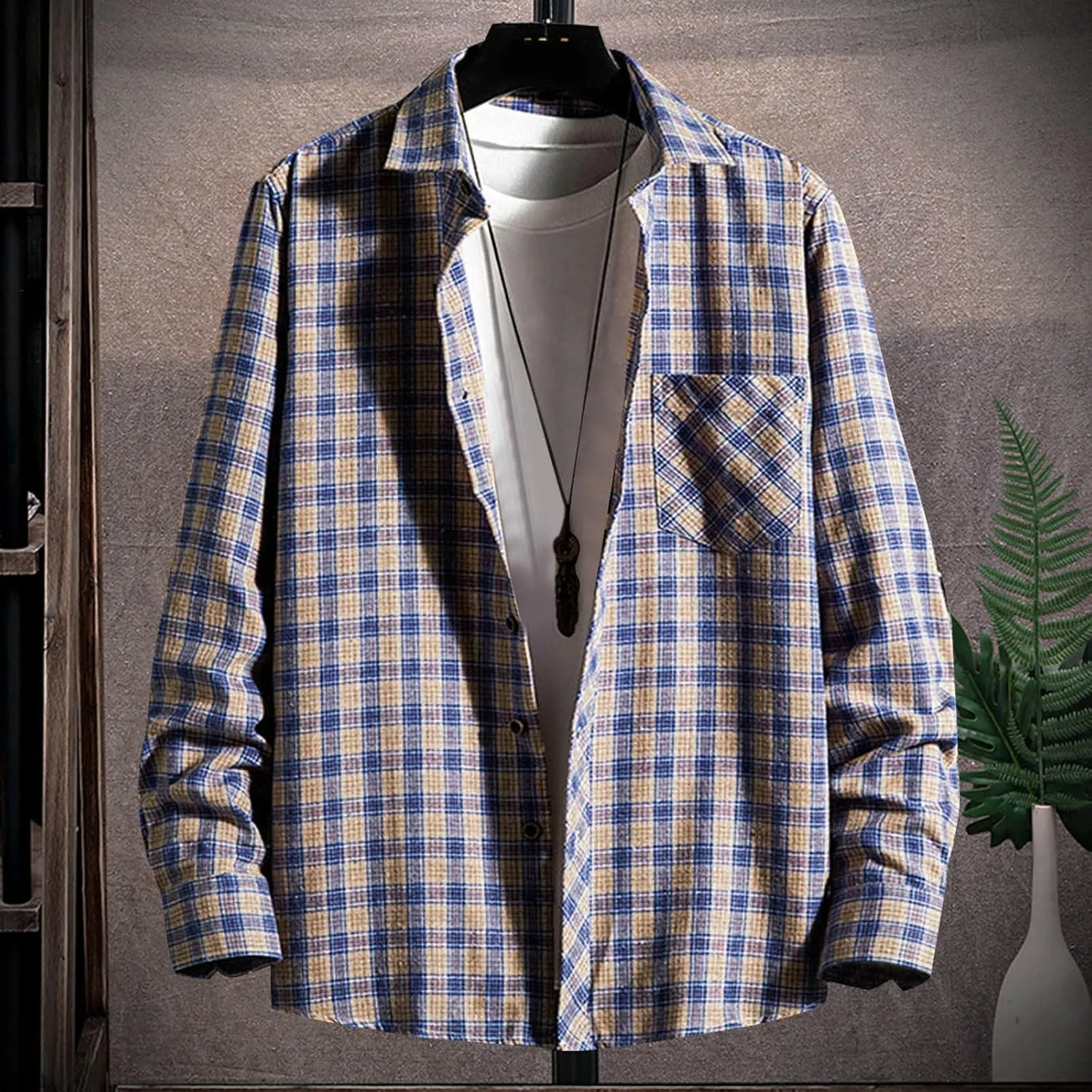 LCMTWX Men's Fleece Flannel Jackets Square Printing Lightweight Breathable Long Sleeve Lapel Formal Heavy Warm Fleece