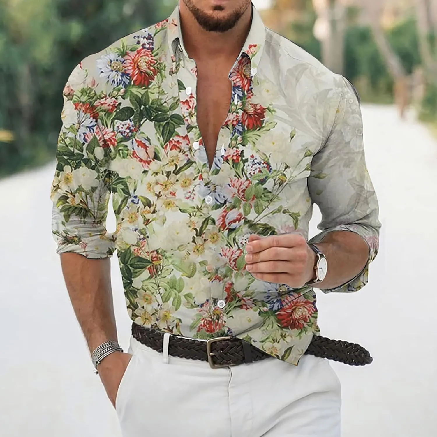 Mens Casual Button Down Shirt Long Sleeve Graphic Floral Print Disco Retro Summer Fall Beach Vacation Dress Shirts