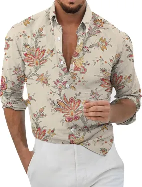 Mens Casual Button Down Shirt Long Sleeve Graphic Floral Print Disco Retro Summer Fall Beach Vacation Dress Shirts