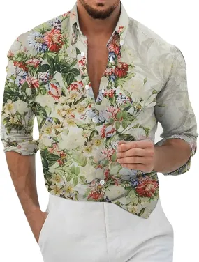 Mens Casual Button Down Shirt Long Sleeve Graphic Floral Print Disco Retro Summer Fall Beach Vacation Dress Shirts