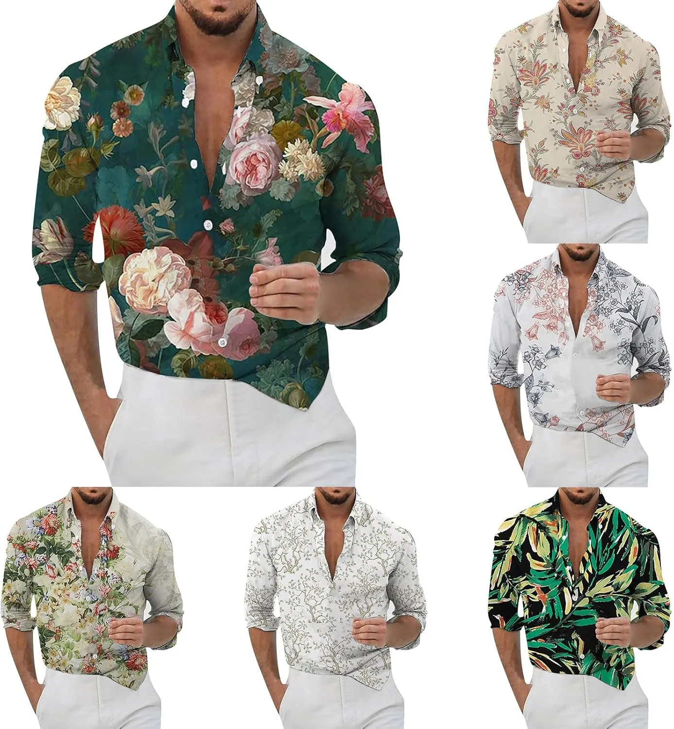Mens Casual Button Down Shirt Long Sleeve Graphic Floral Print Disco Retro Summer Fall Beach Vacation Dress Shirts