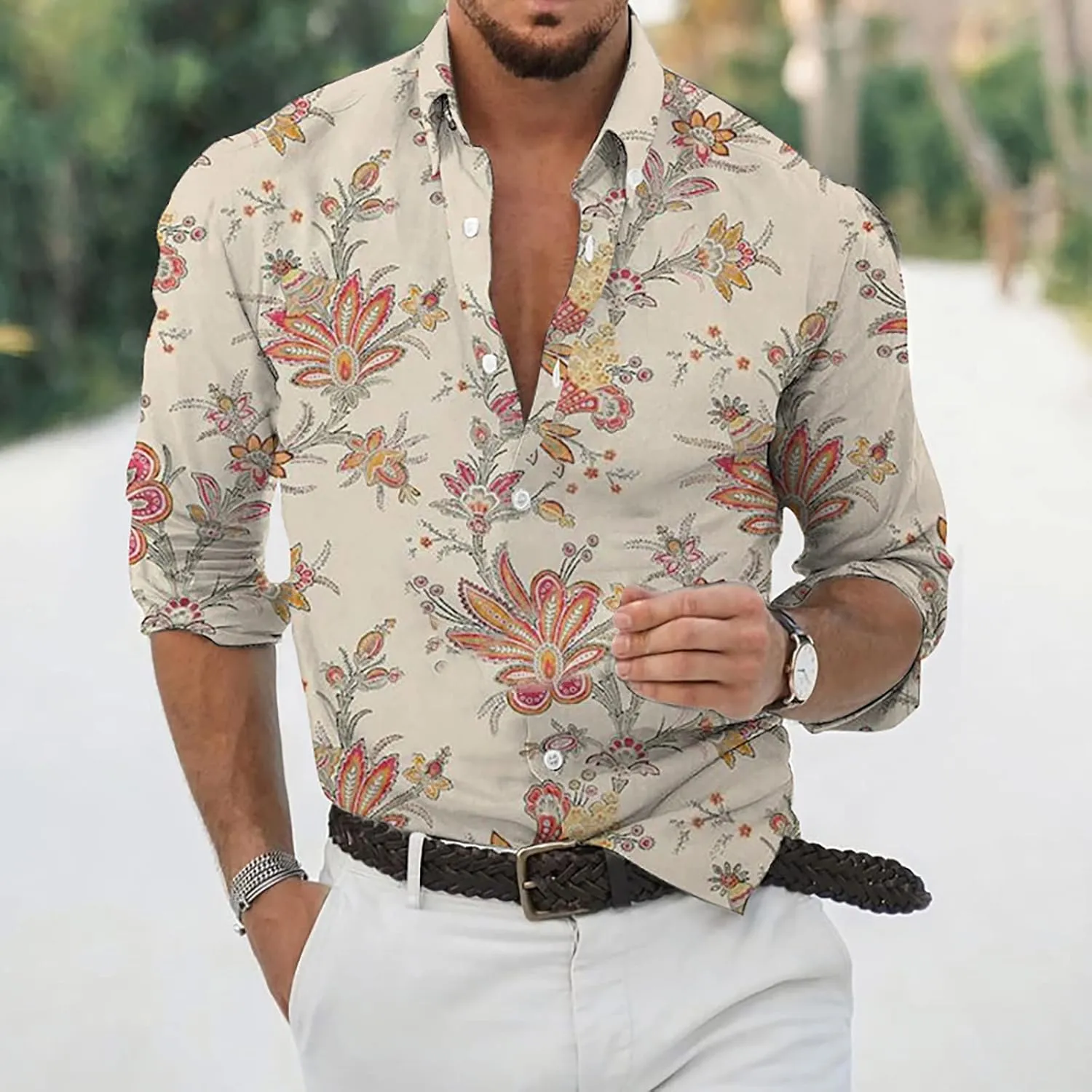 Mens Casual Button Down Shirt Long Sleeve Graphic Floral Print Disco Retro Summer Fall Beach Vacation Dress Shirts