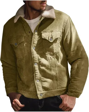 Men's Corduroy Sherpa Lined Trucker Jacket Thickened Warm Winter Bomber Coats Fleece Lined Vintage Lapel Jackets