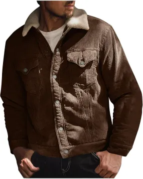 Men's Corduroy Sherpa Lined Trucker Jacket Thickened Warm Winter Bomber Coats Fleece Lined Vintage Lapel Jackets