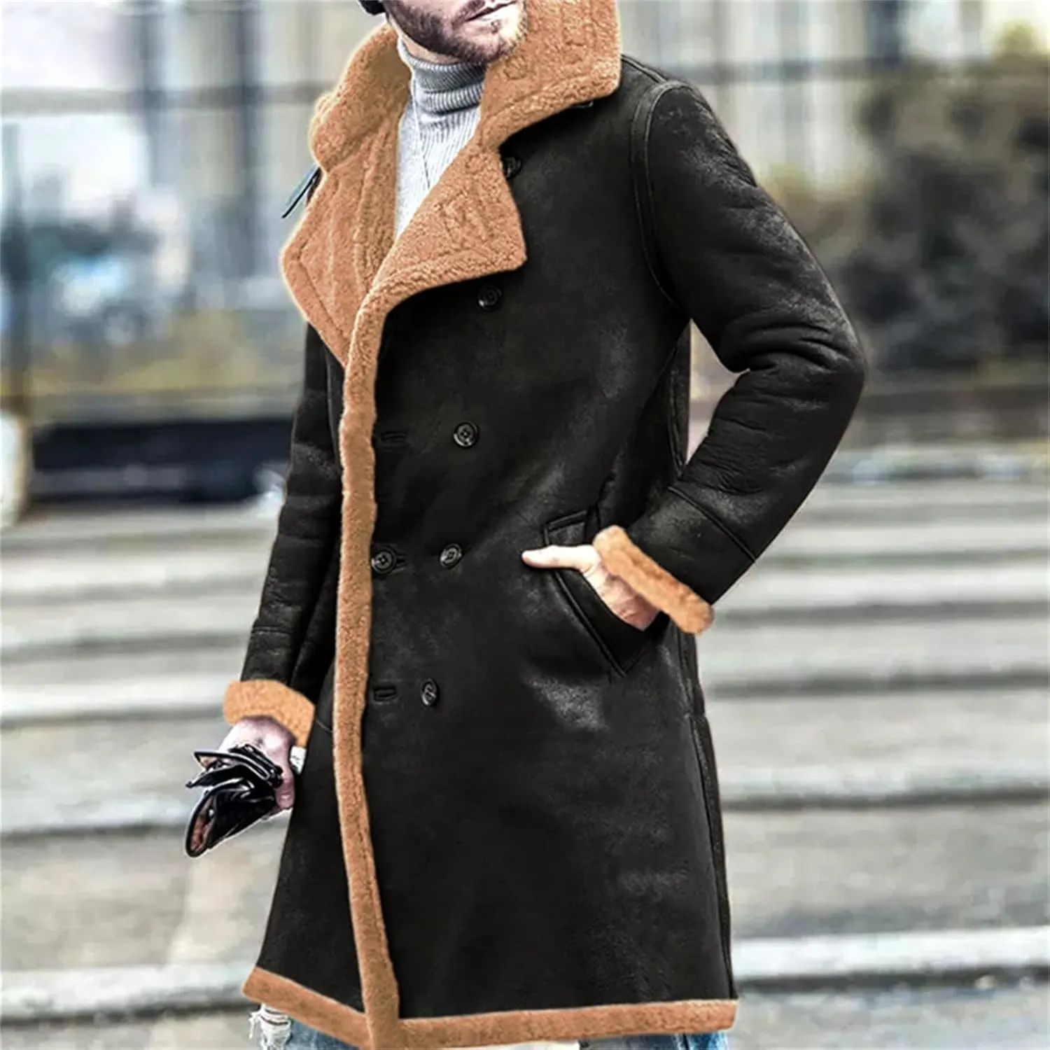 Men's Heavyweight Shearling Leather Coat Vintage Faux Suede Sherpa Lined Sheepskin Jacket Thicken Bomber Jackets