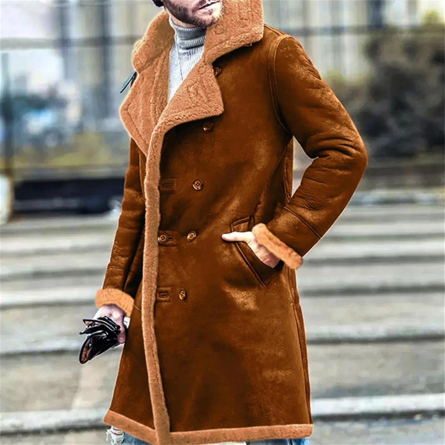 Men's Heavyweight Shearling Leather Coat Vintage Faux Suede Sherpa Lined Sheepskin Jacket Thicken Bomber Jackets