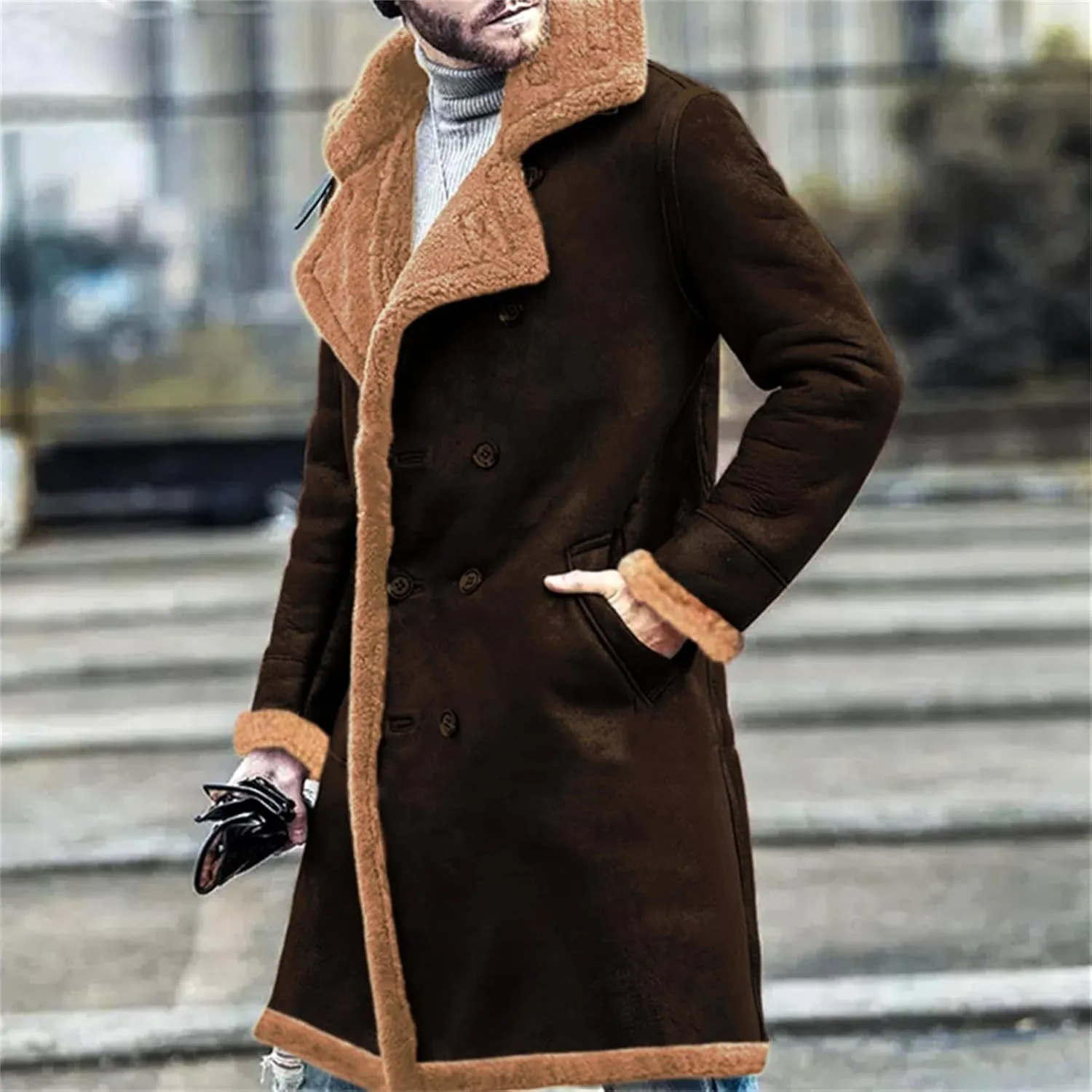Men's Heavyweight Shearling Leather Coat Vintage Faux Suede Sherpa Lined Sheepskin Jacket Thicken Bomber Jackets