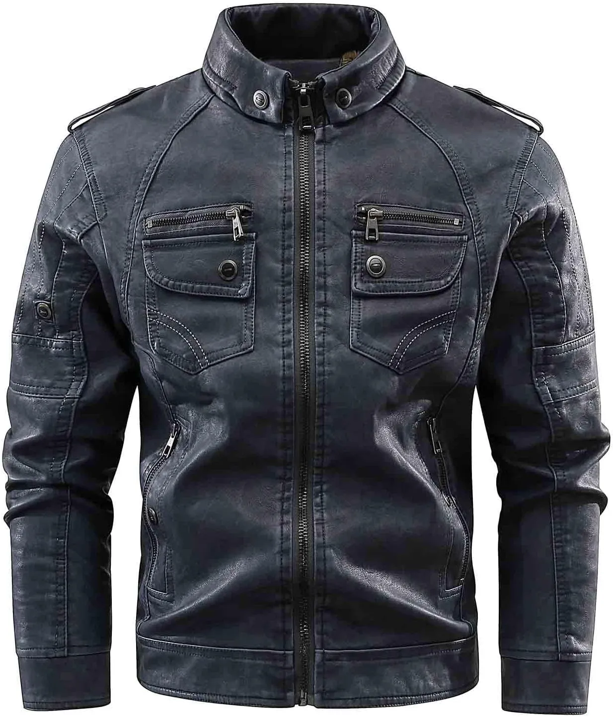 Men's Lightweight Bomber Jacket Vintage Asymmetric Zip Moto Sherpa Outwear Stand Collar Fleece Lined Leather Jackets