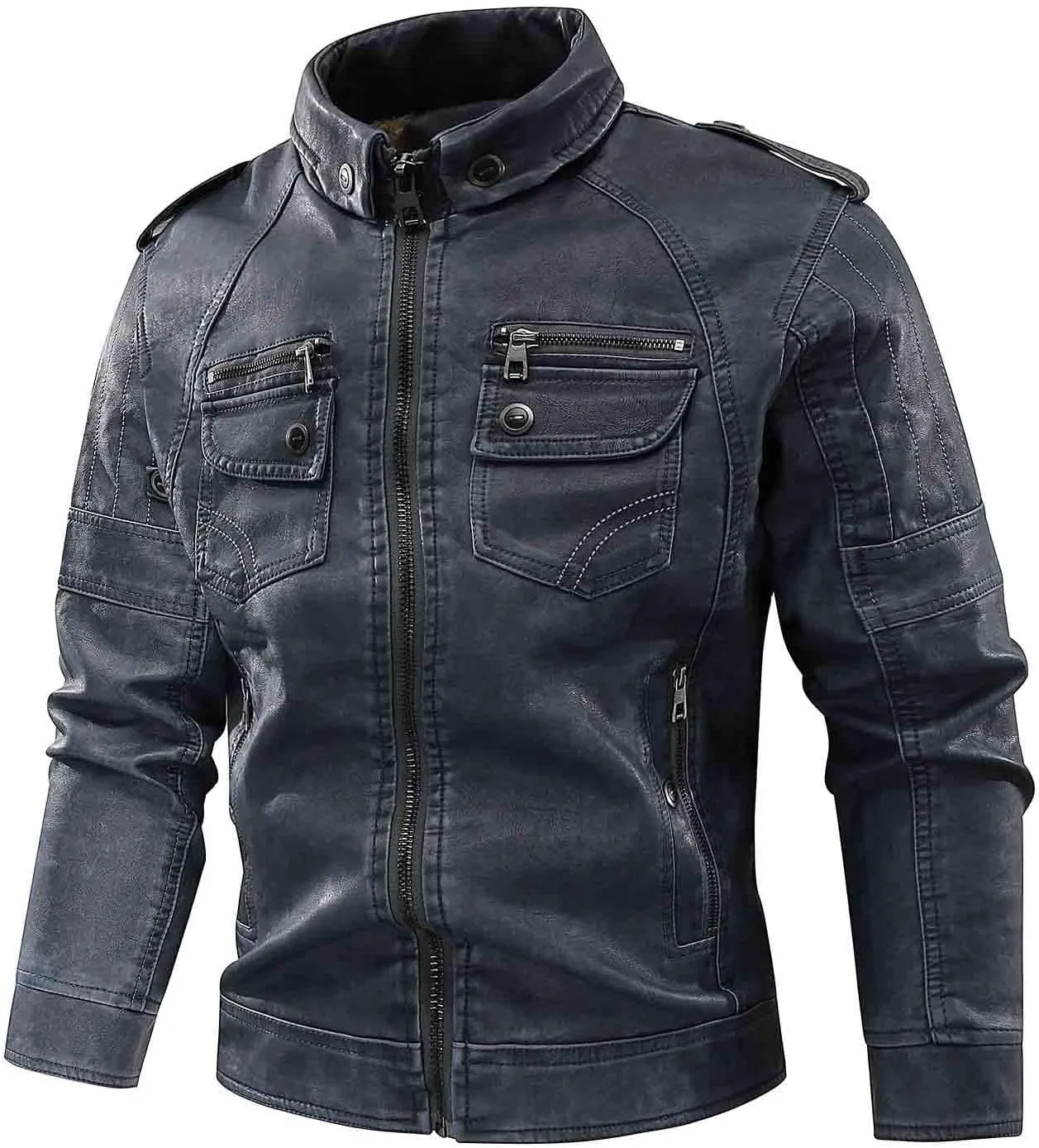 Men's Lightweight Bomber Jacket Vintage Asymmetric Zip Moto Sherpa Outwear Stand Collar Fleece Lined Leather Jackets