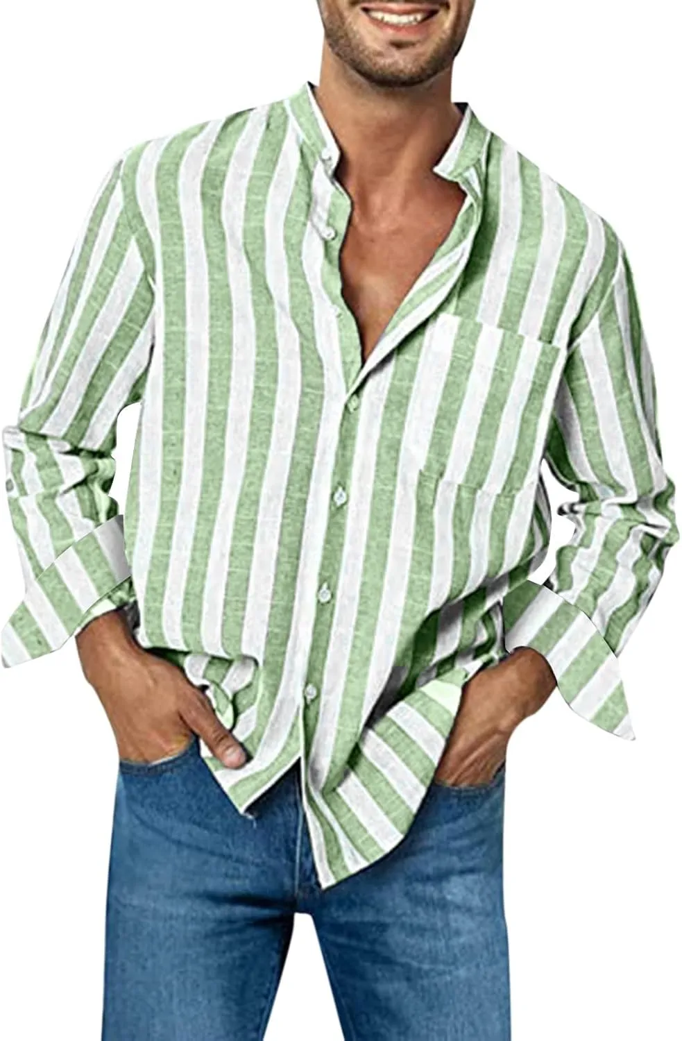 Men's Long Sleeve Casual Button Down Linen Shirts Striped Henley Shirt Untucked Shirts for Men Trendy Dress Shirt
