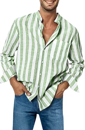 Men's Long Sleeve Casual Button Down Linen Shirts Striped Henley Shirt Untucked Shirts for Men Trendy Dress Shirt
