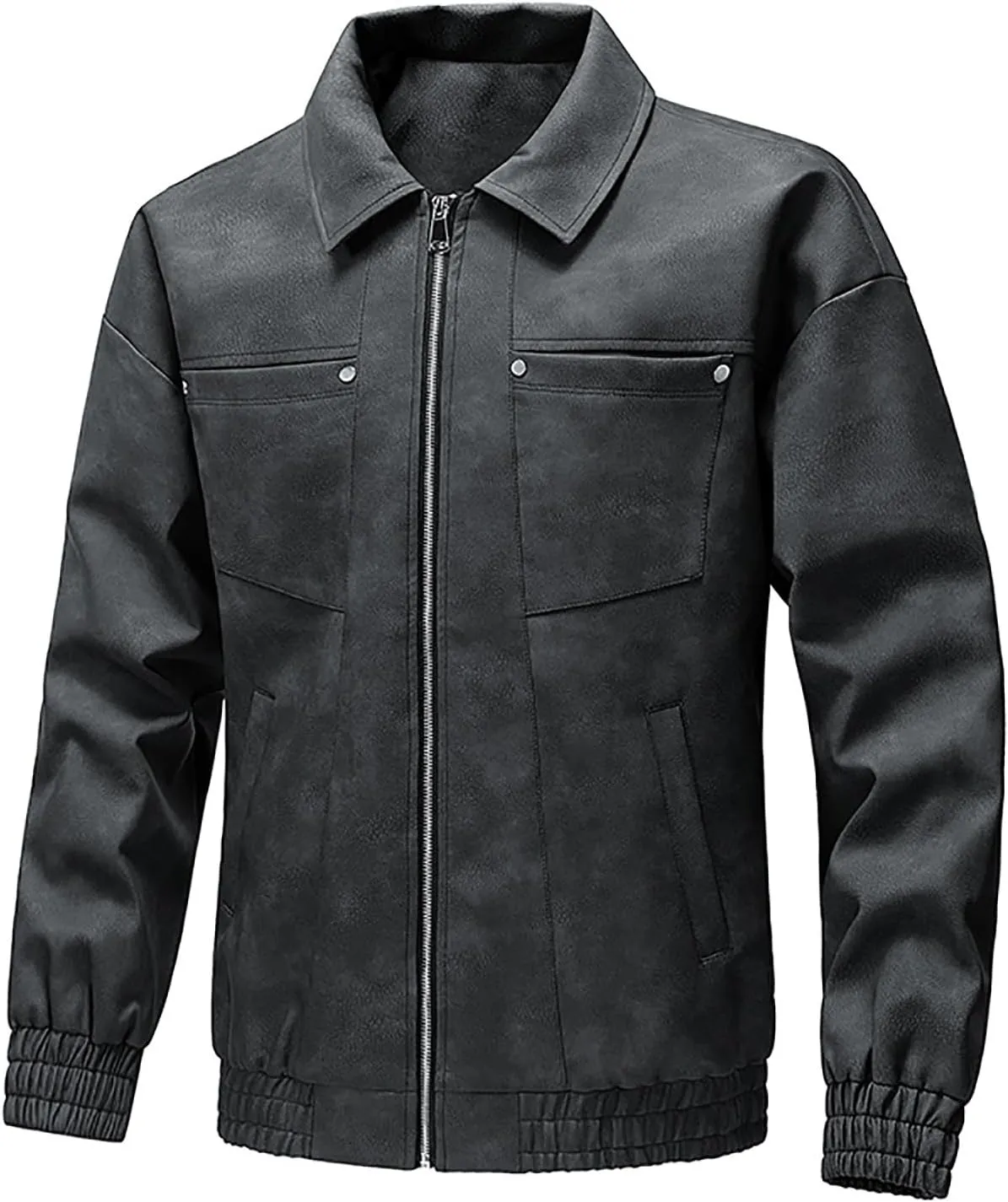 Men's PU Leather Classic Zip Up Jacket Motorcycle Vintage Racing Varsity Jacket Vintage Trucker Coat with 4 Pockets