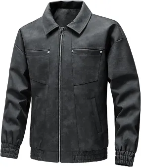 Men's PU Leather Classic Zip Up Jacket Motorcycle Vintage Racing Varsity Jacket Vintage Trucker Coat with 4 Pockets