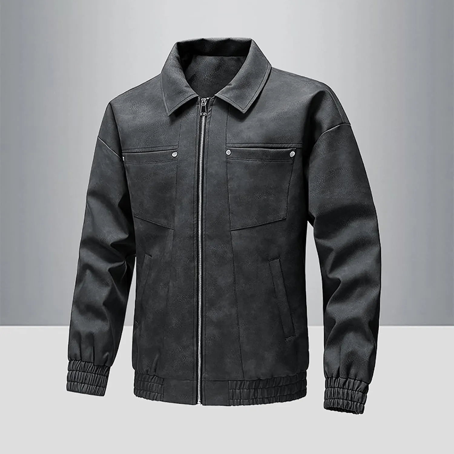 Men's PU Leather Classic Zip Up Jacket Motorcycle Vintage Racing Varsity Jacket Vintage Trucker Coat with 4 Pockets