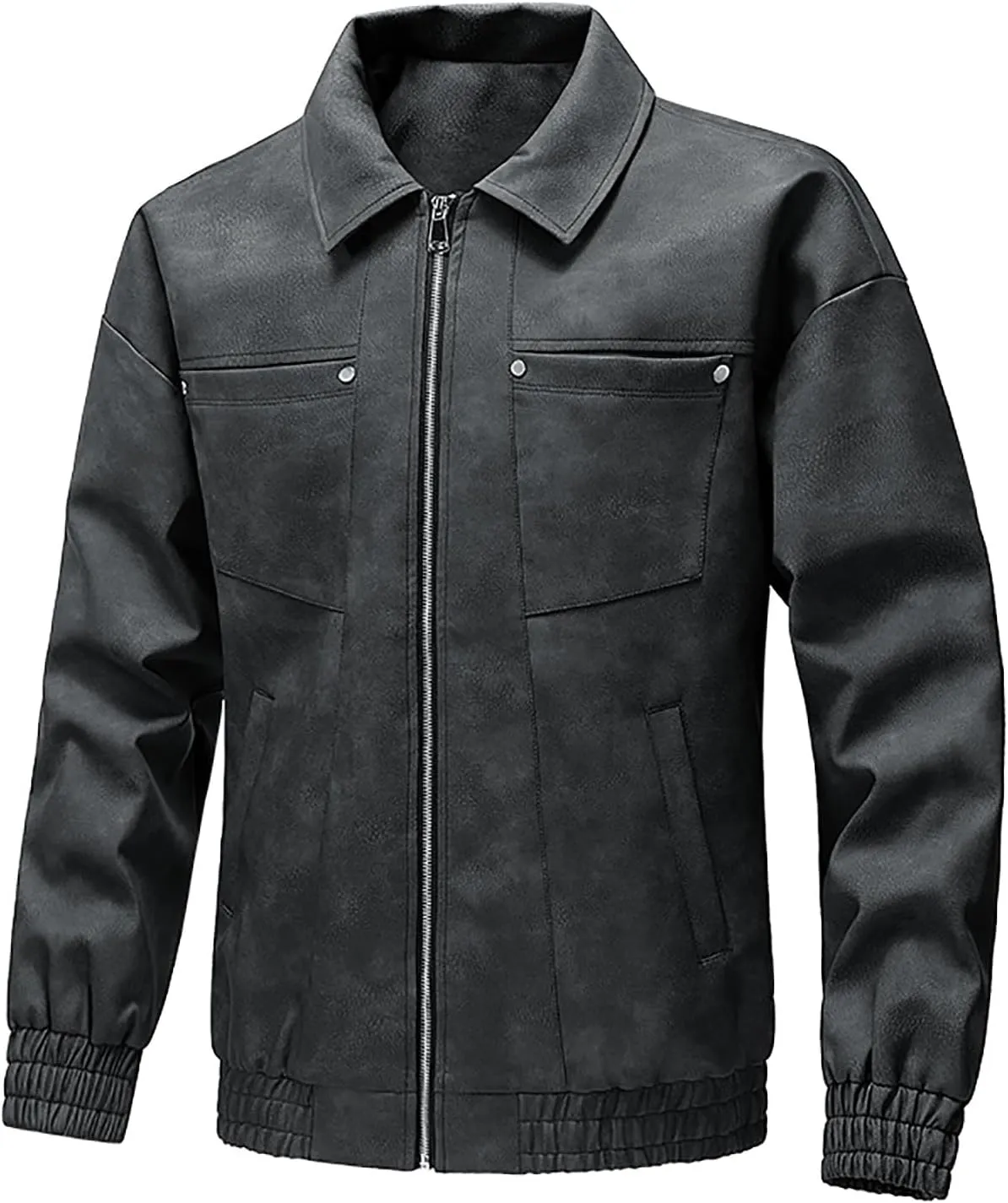 Men's PU Leather Classic Zip Up Jacket Motorcycle Vintage Racing Varsity Jacket Vintage Trucker Coat with 4 Pockets