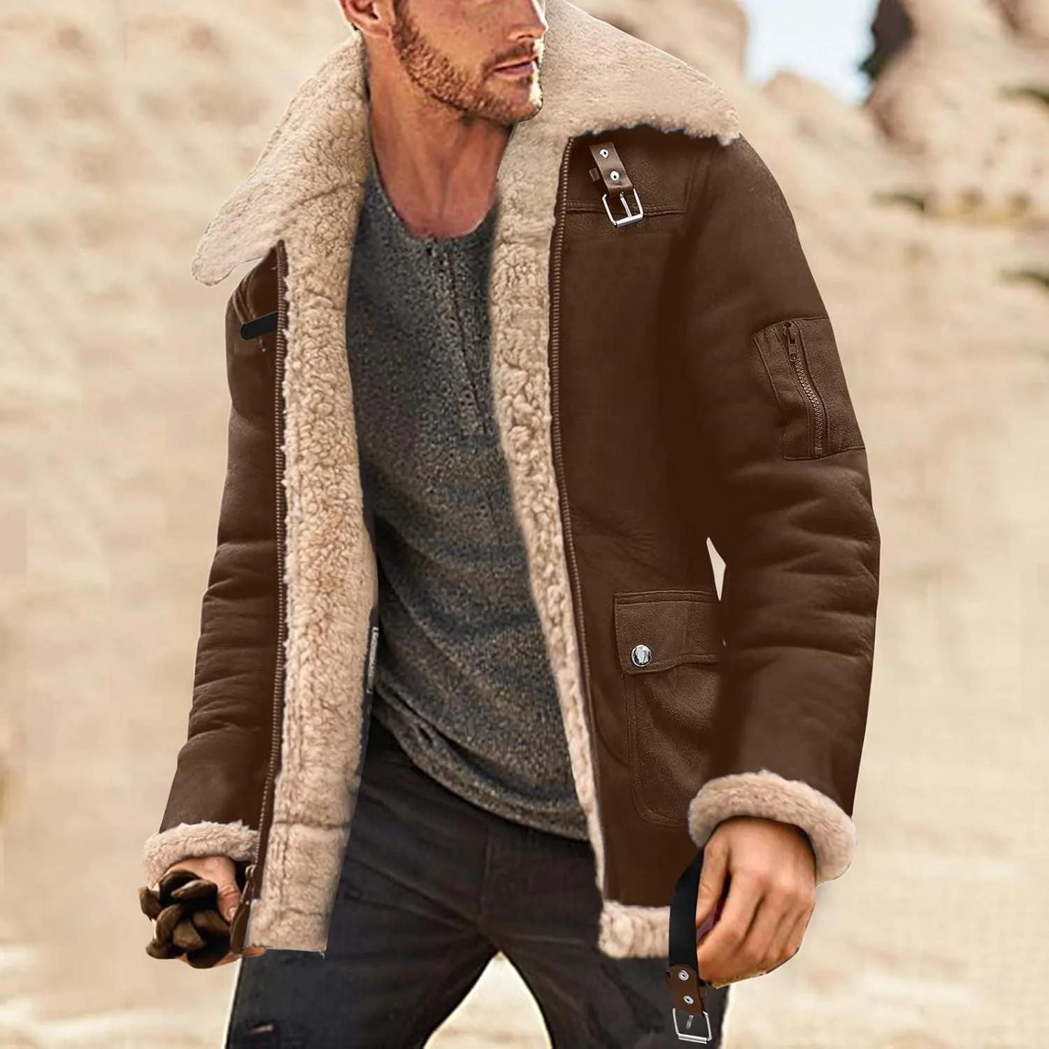 Mens Winter Coat Winter Coat Lapel Collar Long Sleeve Padded Leather Jacket Vintage Thicken Coat Sheepskin Jacket