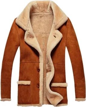 Mens Winter Coats Long Trench Coat, Sherpa Fleece Lined Pea Coat, Heavyweight Faux Suede Fur Jacket with Lapel