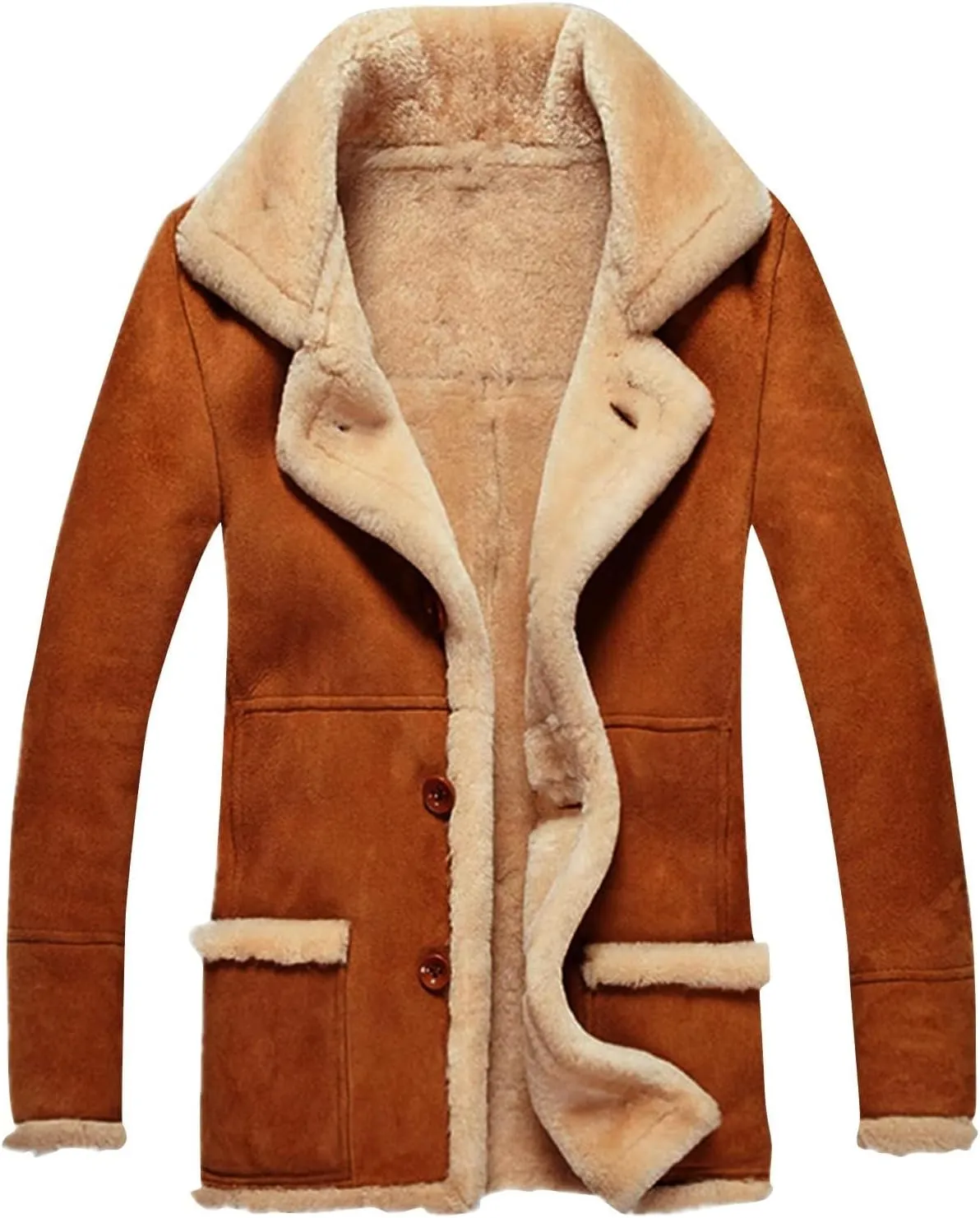 Mens Winter Coats Long Trench Coat, Sherpa Fleece Lined Pea Coat, Heavyweight Faux Suede Fur Jacket with Lapel