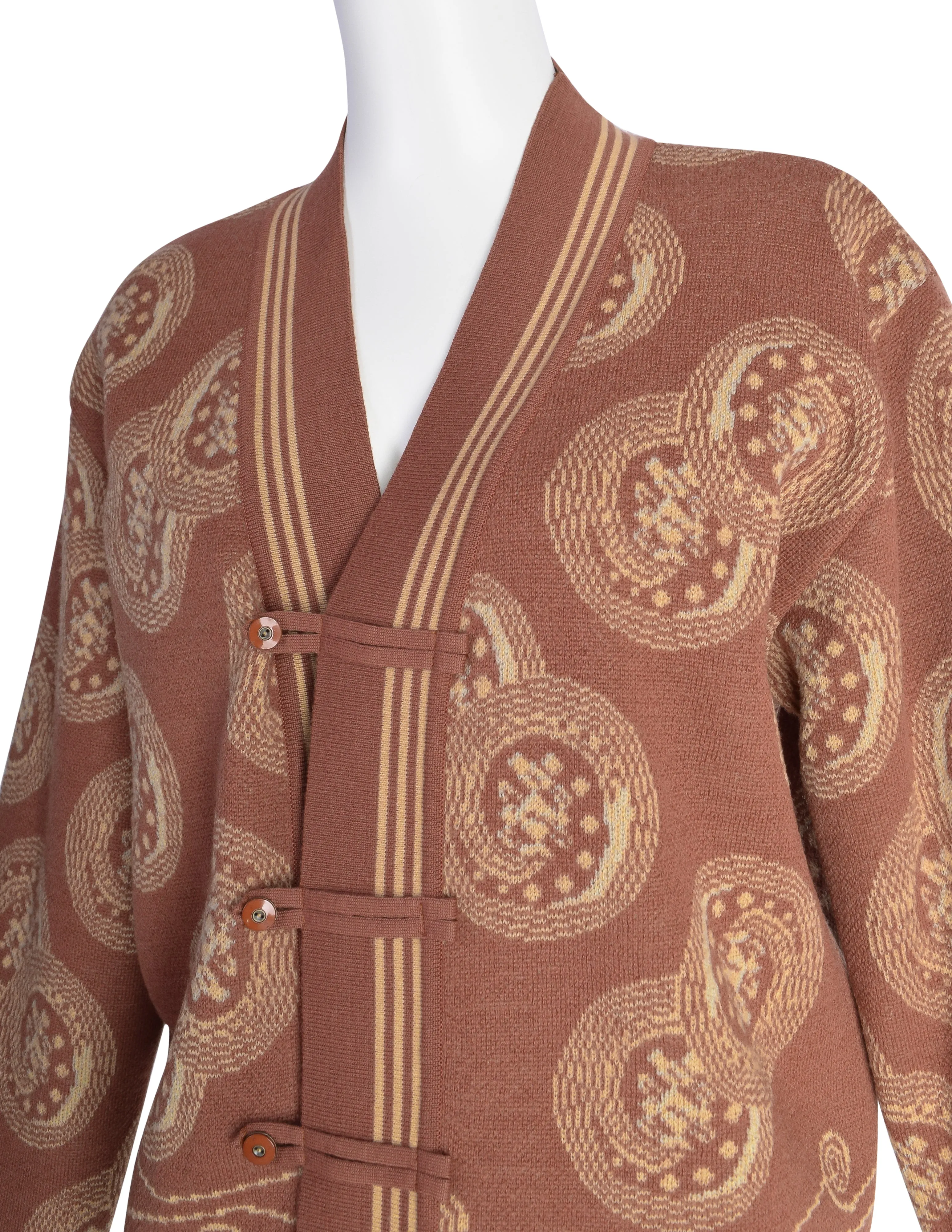 Mitsuhiro Matsuda Vintage 1980s Dusty Rose Medallion Print Knit Cardigan Sweater