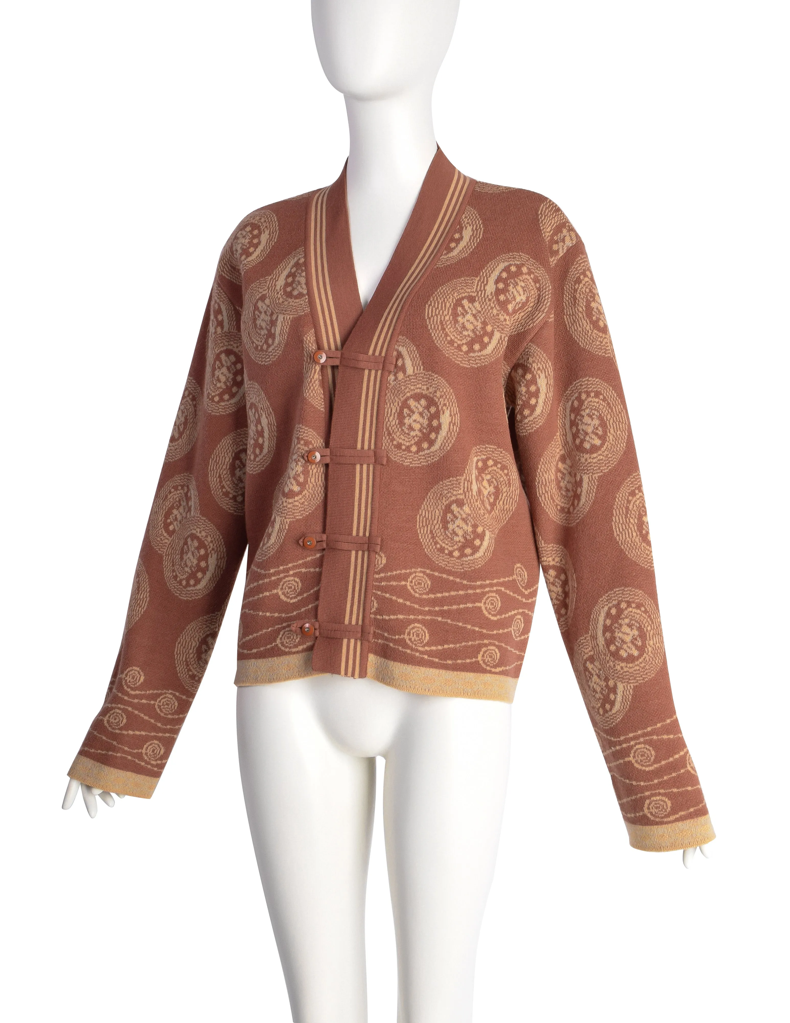 Mitsuhiro Matsuda Vintage 1980s Dusty Rose Medallion Print Knit Cardigan Sweater