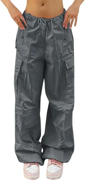 ODIZLI Women's Baggy Cargo Pants with Pocket Drawstring Low Waist Loose Hip Hop Casual Trousers Sweatpant Y2K Streetwear