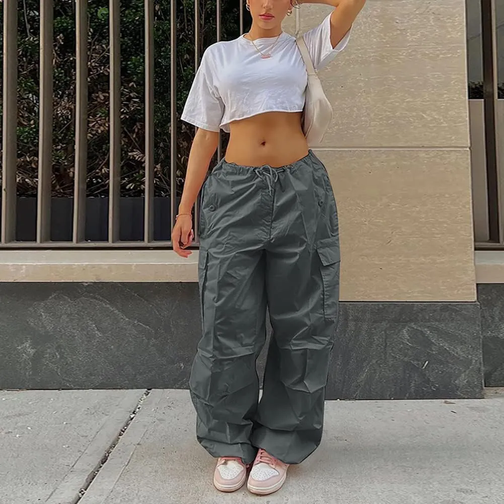 ODIZLI Women's Baggy Cargo Pants with Pocket Drawstring Low Waist Loose Hip Hop Casual Trousers Sweatpant Y2K Streetwear
