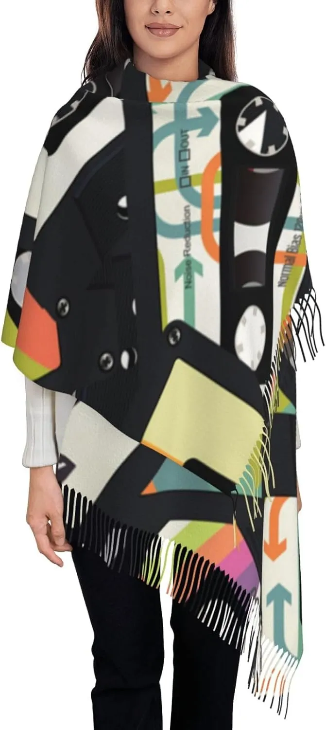 Pashmina Shawls Wraps Cashmere Feel Scarves Winter Soft Warm Large Scarf Gifts, Retro Vintage Cassette Tape
