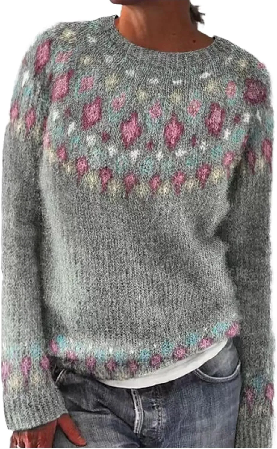 PETYCZEN Womens Fair Isle Sweater Vintage Long Sleeve Mock Neck Sweater Casual Loose Pullover Tops Cozy Warm Knit Sweater