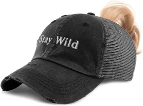 Speedy Pros Womens Ponytail Cap Stay Wild Power Cotton Distressed Trucker Hats