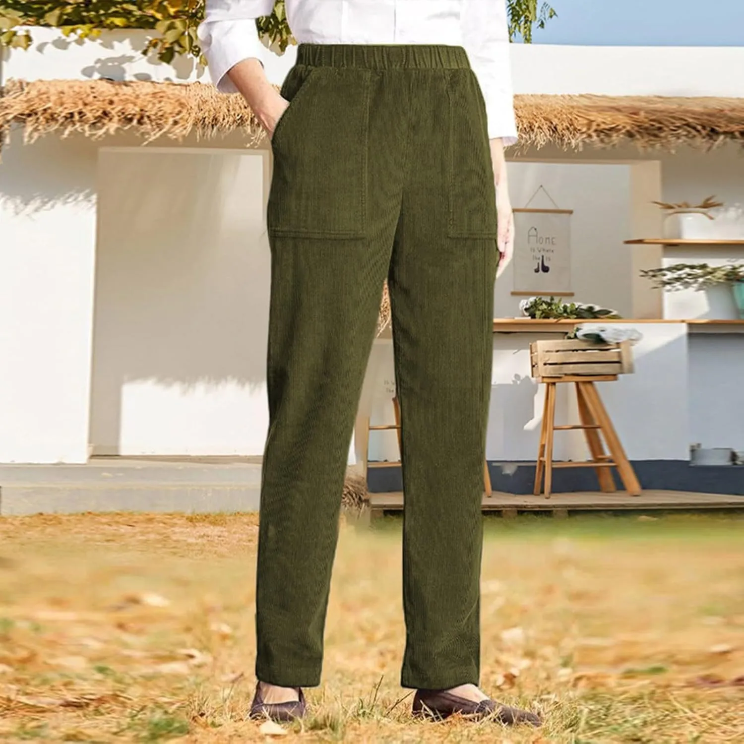 Straight Wide Leg Corduroy Pants Women Business Casual High Waisted Pull On Work Pants Comfy Soft Elastic Waist Pants