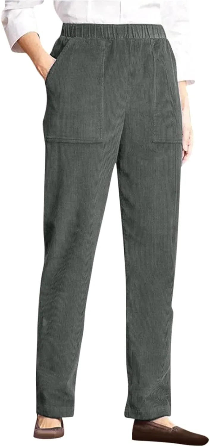 Straight Wide Leg Corduroy Pants Women Business Casual High Waisted Pull On Work Pants Comfy Soft Elastic Waist Pants