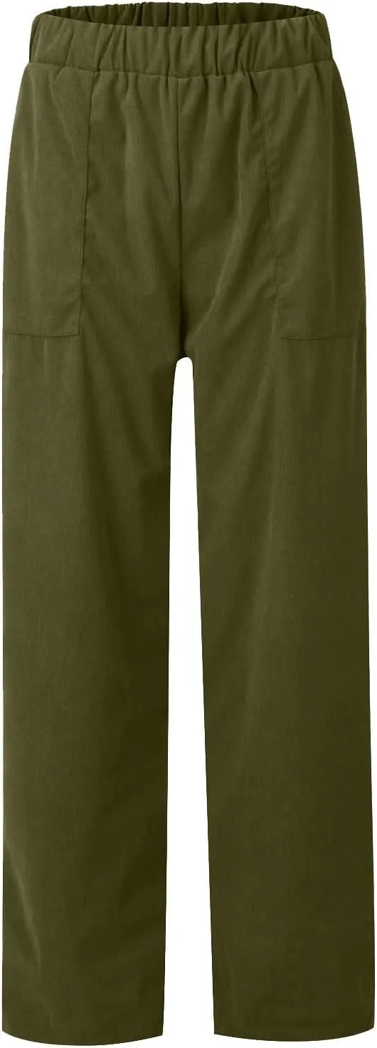 Straight Wide Leg Corduroy Pants Women Business Casual High Waisted Pull On Work Pants Comfy Soft Elastic Waist Pants