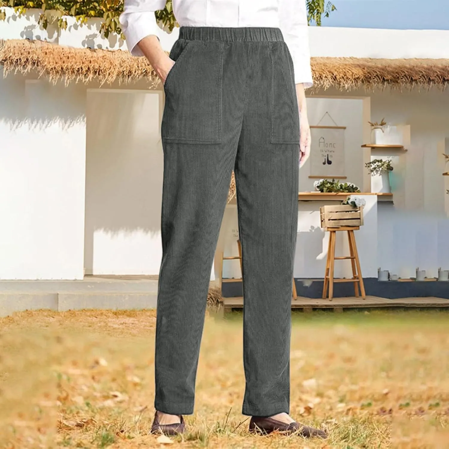 Straight Wide Leg Corduroy Pants Women Business Casual High Waisted Pull On Work Pants Comfy Soft Elastic Waist Pants