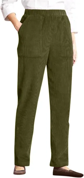 Straight Wide Leg Corduroy Pants Women Business Casual High Waisted Pull On Work Pants Comfy Soft Elastic Waist Pants