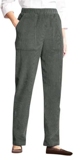 Straight Wide Leg Corduroy Pants Women Business Casual High Waisted Pull On Work Pants Comfy Soft Elastic Waist Pants