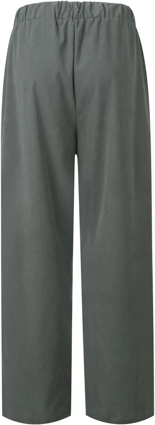 Straight Wide Leg Corduroy Pants Women Business Casual High Waisted Pull On Work Pants Comfy Soft Elastic Waist Pants