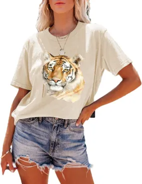 Tiger Shirt Women Vintage Animal Graphic Funny Novelty T-Shirt Casual Short Sleeve Tee Summer Fit Tops