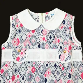 Vintage 60's Blue/Pink Printed Peter Pan Collar  Mod Dress New Old  Stock  18-24M