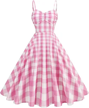 Vintage Plaid Prints Dresses for Women Sexy Straps A-Line Dress Square Neck Slimming Maxi Skirts Camp Court Wear