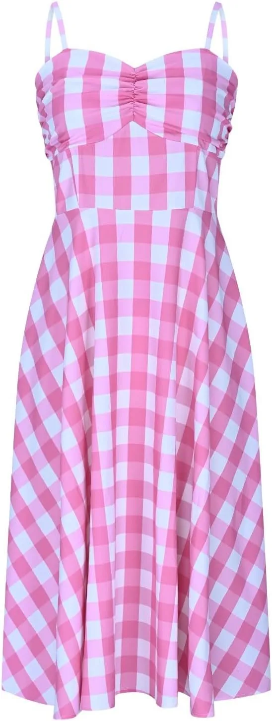 Vintage Plaid Prints Dresses for Women Sexy Straps A-Line Dress Square Neck Slimming Maxi Skirts Camp Court Wear