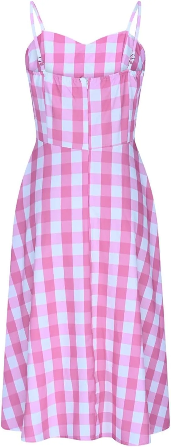 Vintage Plaid Prints Dresses for Women Sexy Straps A-Line Dress Square Neck Slimming Maxi Skirts Camp Court Wear