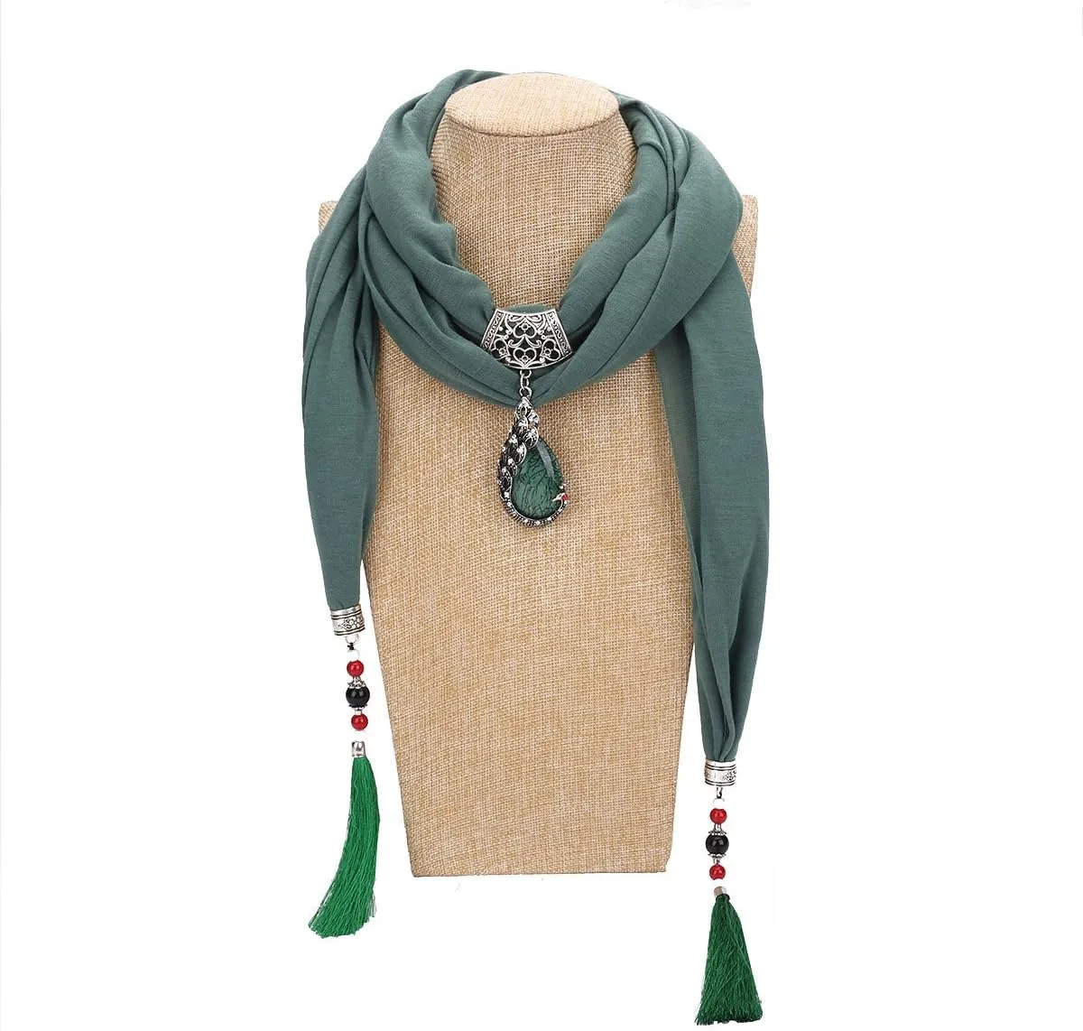 Vintage Polyester Scarf Alloy Resin Gem Pendant Women's Necklace Jewelry Scarves(sc0021)