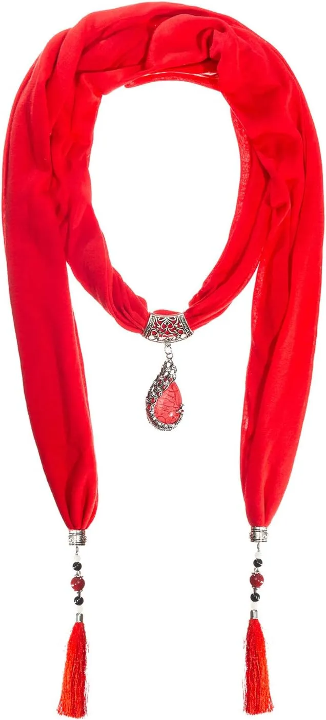 Vintage Polyester Scarf Alloy Resin Gem Pendant Women's Necklace Jewelry Scarves(sc0021)
