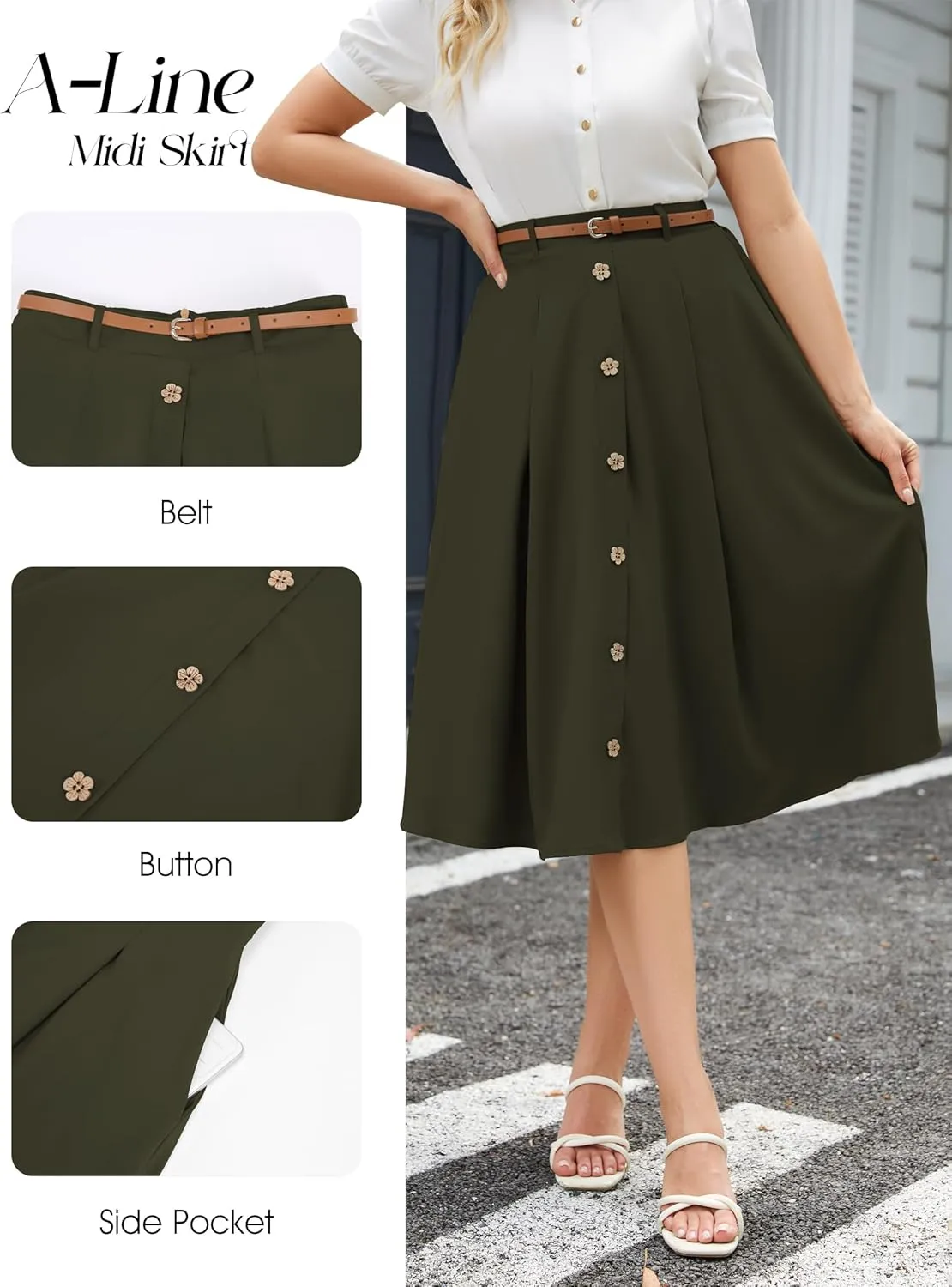 Wedtrend Women's Vintage Skirts A-Line Midi Skirt Button Work Flowy Skirts Pleated Skirt with Belt&Pockets
