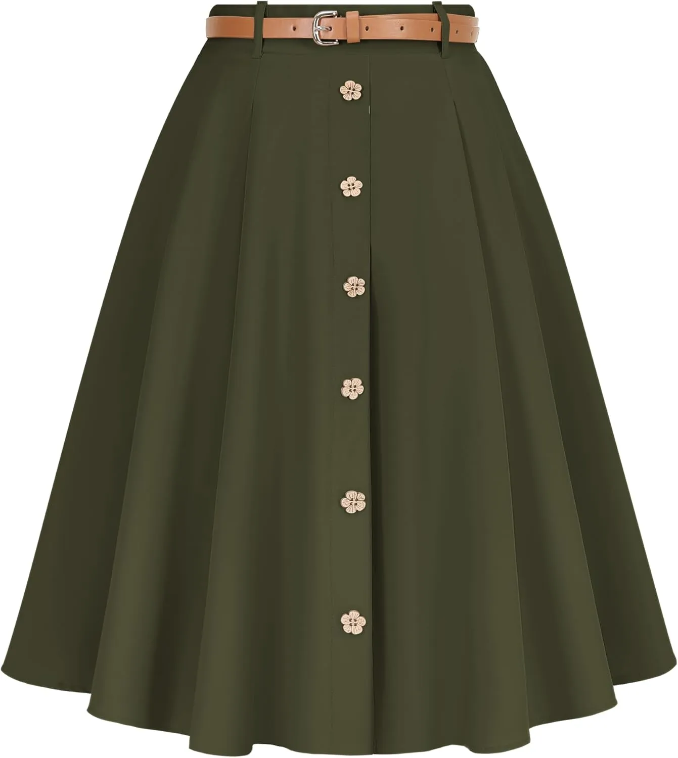 Wedtrend Women's Vintage Skirts A-Line Midi Skirt Button Work Flowy Skirts Pleated Skirt with Belt&Pockets