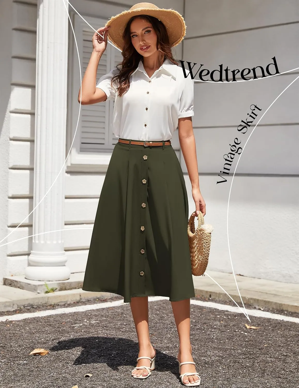 Wedtrend Women's Vintage Skirts A-Line Midi Skirt Button Work Flowy Skirts Pleated Skirt with Belt&Pockets