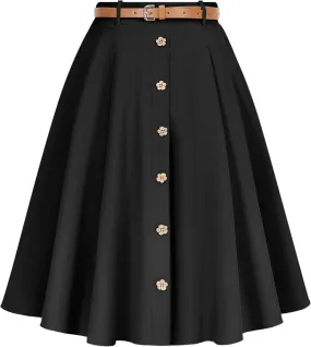Wedtrend Women's Vintage Skirts A-Line Midi Skirt Button Work Flowy Skirts Pleated Skirt with Belt&Pockets