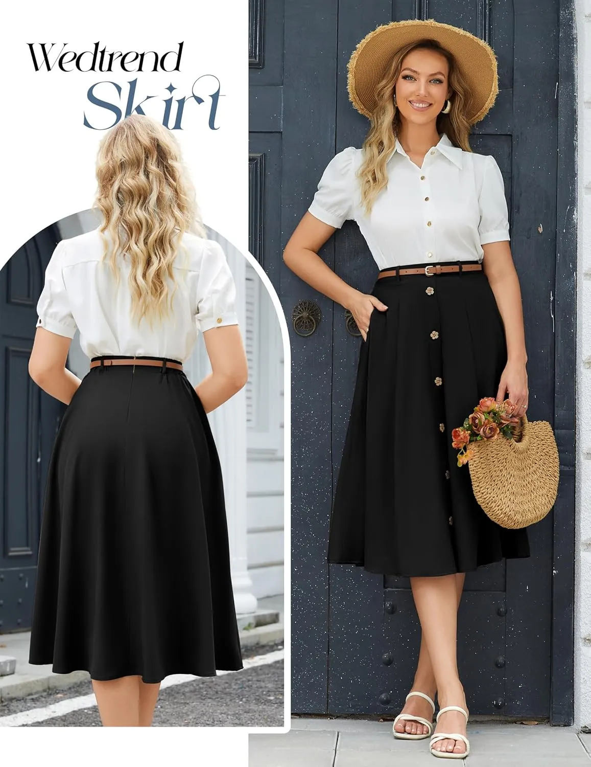 Wedtrend Women's Vintage Skirts A-Line Midi Skirt Button Work Flowy Skirts Pleated Skirt with Belt&Pockets